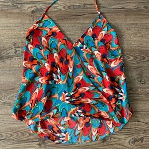 High/low multicolor flowy halter summer top.